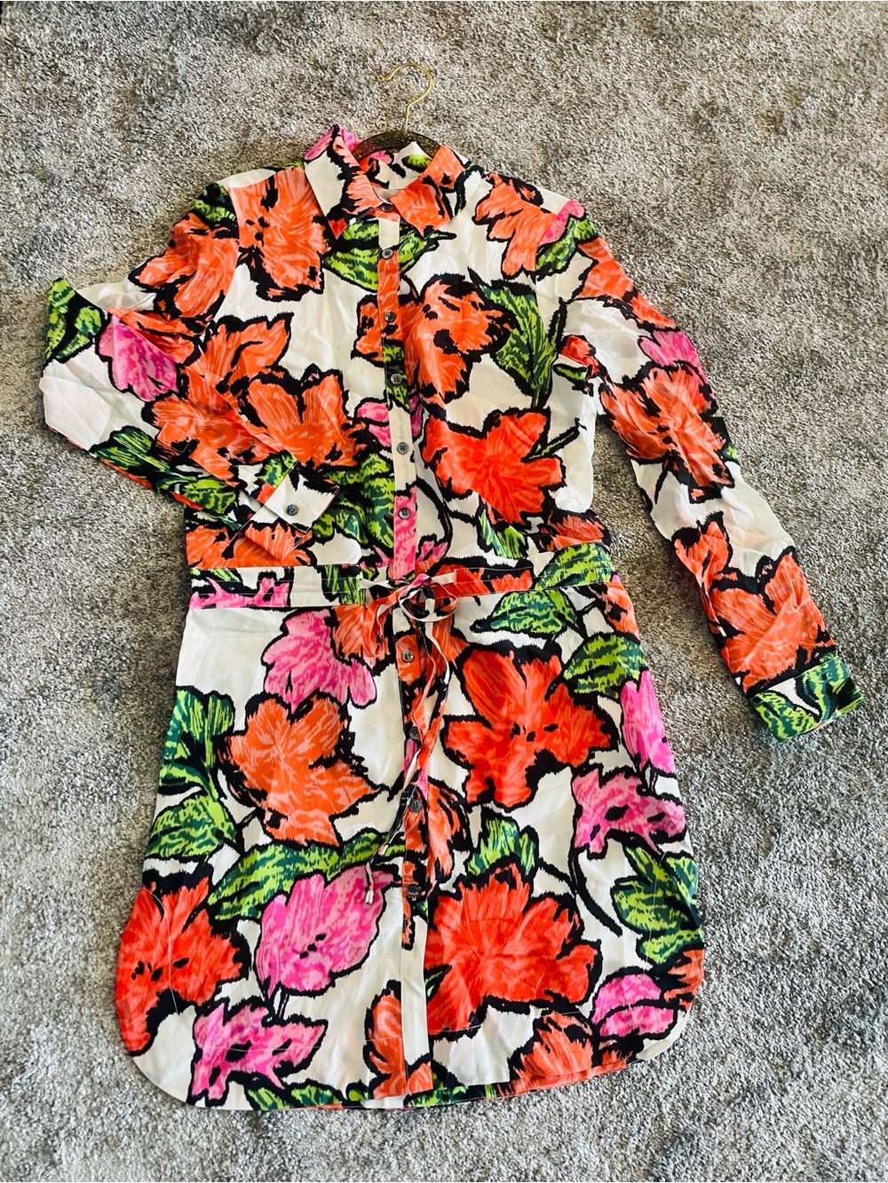 Floral Button-Front Women's Shirt Dress in White with Orange & Pink Flowers NWOT